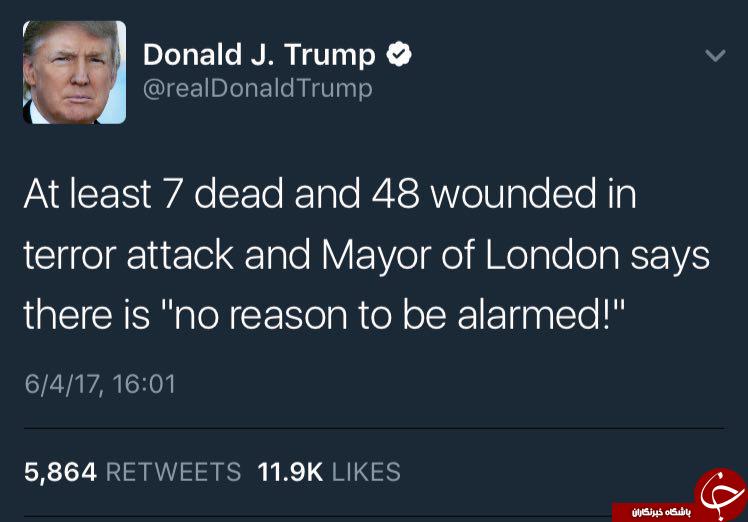 پس از حادثه دیشب ترامپ به شهردار لندن تاخت +عکس